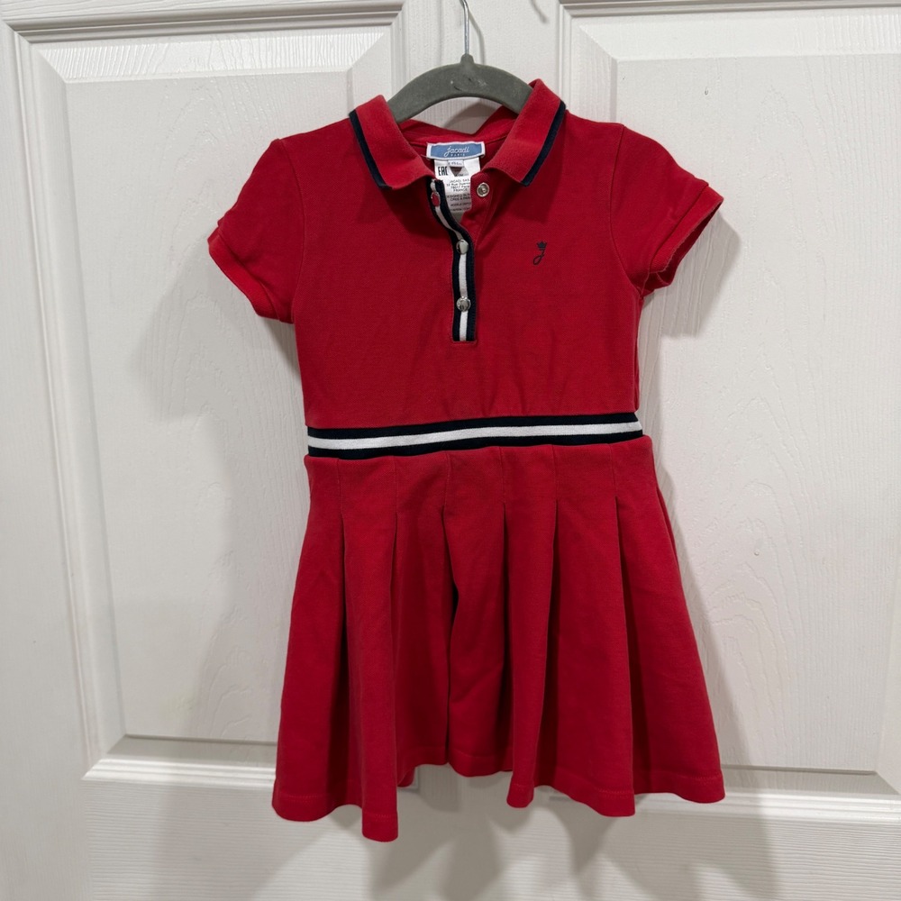 Jacadi Paris Red Pleated Polo Dress Girls Size 3A 96cm Nautical Stripe 2025476